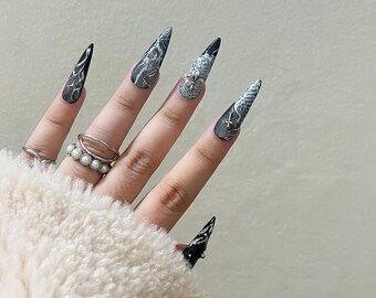 Y2K Gothic Press On Nails: Black Chrome Cross Bow Pearl Art