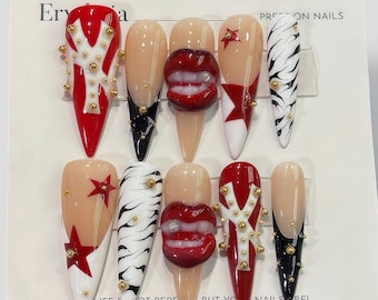 Pop Art Red Lips Press On Nails by ErytheiaNail | Rock Star 3D Lip & Star Nail Art | Bold Punk Fake Nails | Retro Glam Acrylic Nails