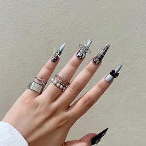 Black Chrome Press on Nails, Gothic 3D Cross, Bow, and Butterfly Art Acrylic Nails Press on, Hand Painted Nails, Reusable Handmade Gel Nails