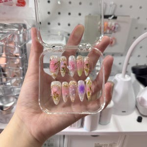 Fairycore Pastel 3D Press on Nails, Nature-Inspired by Lotus and Butterfly, Pink Flower Nature Fake Nails, Dreamy Iridescent Acrylic Nails