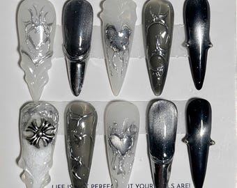 Schwarz Weißer Chrom Drücken Sie auf die Nägel, Gothic Y2K Acrylnägel Drücken Sie auf die Nägel, Benutzerdefinierte 3D Art Handgemalte Nägel, Wiederverwendbare Nägel Drücken Sie auf die Nägel
