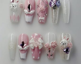 3D Bunny Press On Nails: Pink Rose Bow Kawaii False Nails