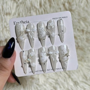 White Pearl Chrome Press on Nails, 3D Bow Acrylic Nails Press on, Custom 3D Art Hand Painted Nails, Reusable Nails Press on Nails, Gel Nails