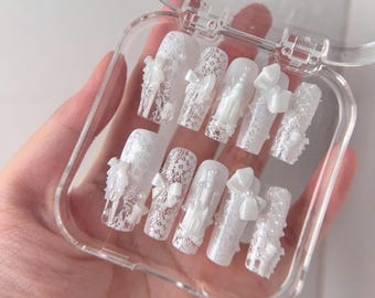 Bridal Press On Nails, White Lace Pearl 3D Bow Fake Nails, Long Ribbon Hand Painted Nails, Elegant Wedding Nail Art Set for Bride
