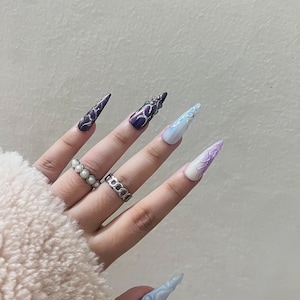 Purple and White Silver Chrome Press on Nails, 3D Aurora Long Stiletto Nails, Gothic, Y2K Press On Nails. Reusable Gel Nails
