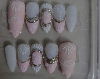 Matte White & Pink Press On Nails: Gold Accents, 3D Pastel Fake Nails, Renaissance Press On Nail, Vintage Pink False Nails