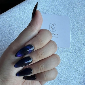 Midnight Black Cat Eye Nägel, Glitter Shine Acrylnägel Drücken Sie auf, handgemalte Nägel, künstliche Nägel, wiederverwendbare Nägel Drücken Sie auf die Nägel, Gelnägel