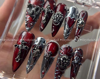 Gothic Red Press on Nails, Handmade Cross and Lion Custom 3D Art Nails, Silver & Red Acrylic Nails, Punk Metallic Chrome Reusable Nails
