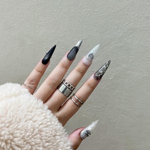 Black White Chrome Press on Nails, Gothic Y2k Acrylic Nails Press on, Custom 3D Art Hand Painted Nails, Reusable Nails Press on Nails