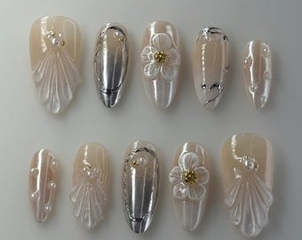 3D Floral Press On Nails: Beige, White, Black, Pearl, Chrome