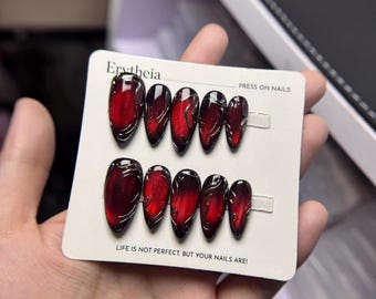 Galaxy Red Press On Nails, Silver/ Gold Metal Accent Acrylic Nail, Elegant Crystal Handmade Nail, Red Black Cat Eye Nails