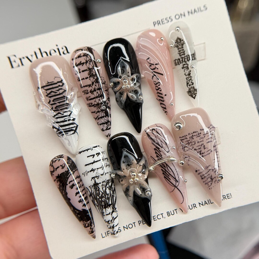 Gothic Script Press on Nails, Nude & Black Base With Floral Metallic ...
