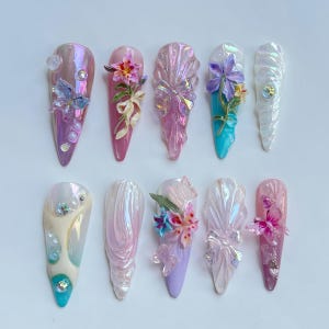 Fairycore Pastel 3D Press on Nails, Nature-Inspired by Flowers, and Butterfly, Summer Gel Nail, Dreamy Iridescent Acrylic Faux Nails