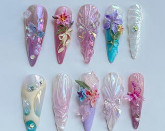 Fairycore Pastel 3D Press on Nails, Nature-Inspired by Flowers, and Butterfly, Summer Gel Nail, Dreamy Iridescent Acrylic Faux Nails