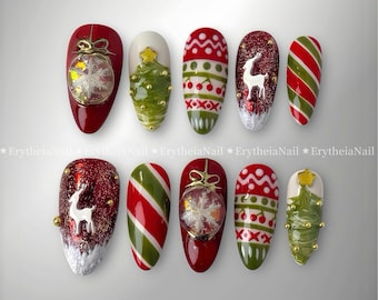 Christmas Press On Nails, Holiday with Snowflakes and Candy Cane Details, Winter Acrylic Nails, 3D Xmas Tree & Reindeer Design Fake Nails
