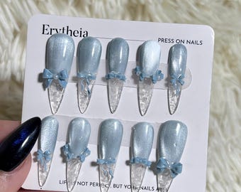Silver Bow Press On Nails: Long Stiletto French Ribbon, Reusable Faux Nails