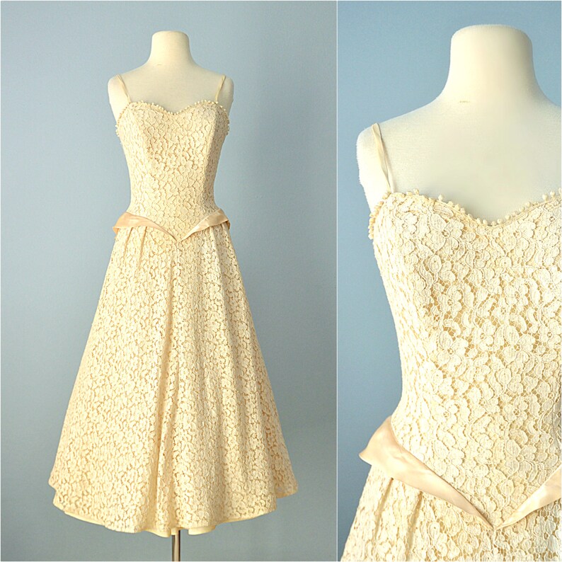 Vtg 1950s Wedding Dress 50s Ivory Lace Tea Length Wedding Etsy