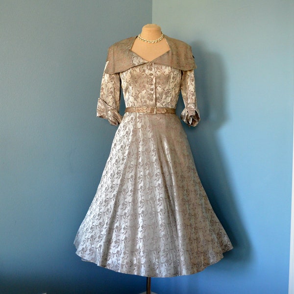Vintage 1940s Cocktail Dress...Beautiful Champagne Satin Damask BIGBIE'S ORIGINAL Cocktail Dress Party Dress Large