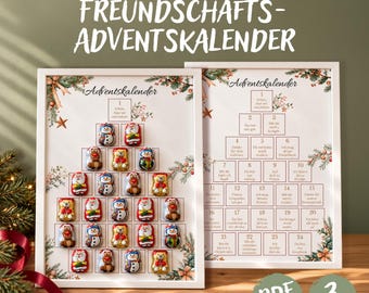 May include: Two framed advent calendars with white borders. One features a Christmas tree shape made of small chocolate figures like snowmen and reindeer. The other displays a grid of twenty-four numbered boxes with German text.