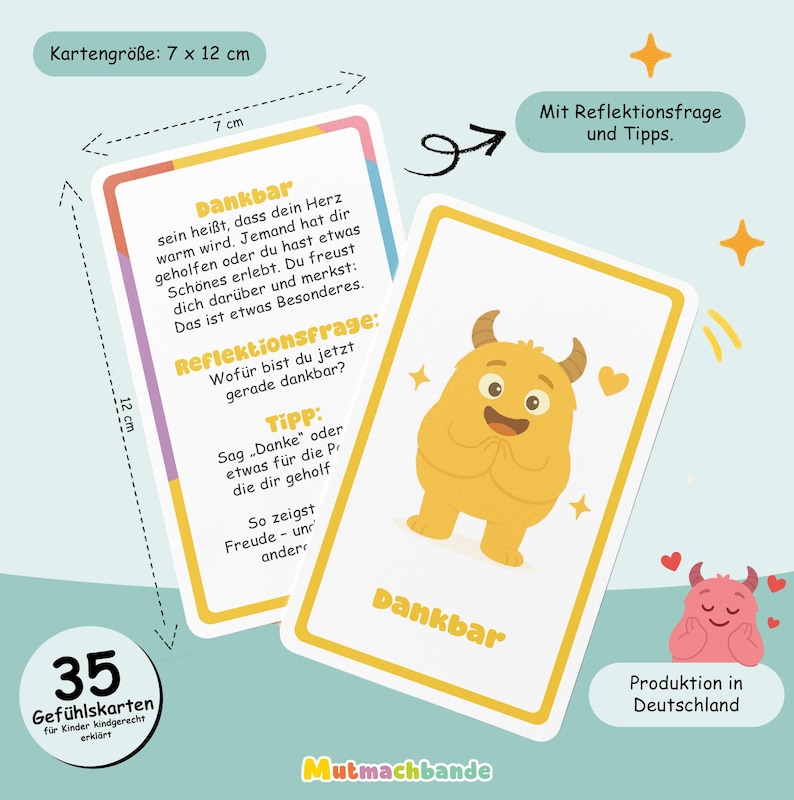 May include: Two cards with rounded corners, each 7 cm x 12 cm, featuring the word "Dankbar" and a cartoon monster. One card has text in German. The cards are yellow and white with a cartoon illustration. The set includes 35 feeling cards for children.