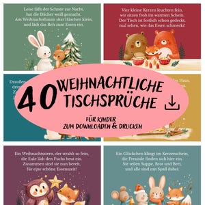 Könnte beinhalten: Eine digitale Sammlung von 40 ausdruckbaren weihnachtlichen Tischsprüchen für Kinder, mit Illustrationen von Tieren wie Hasen, Bären, Füchsen und Eulen in festlichen Szenen und deutschem Text auf farbigen Hintergründen.