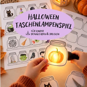 May include: A printable Halloween activity sheet featuring black and white illustrations of mason jars with various spooky icons, including a cat, cauldron, spiderweb, broom, eyeball, tombstone, Frankenstein, and bird, with a flashlight illuminating a pumpkin.