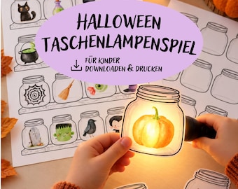 May include: A printable Halloween activity sheet featuring black and white illustrations of mason jars with various spooky icons, including a cat, cauldron, spiderweb, broom, eyeball, tombstone, Frankenstein, and bird, with a flashlight illuminating a pumpkin.