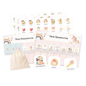Könnte beinhalten: Ein Set von Kinder-Routine-Charts mit Illustrationen und den Texten "Meine Morgenroutine" und "Meine Abendroutine". Enthält einen Kordelzugbeutel und Karten mit Bildern von täglichen Aktivitäten. Die Charts zeigen einen Regenbogen und ein Einhorn.