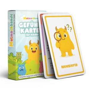 Könnte beinhalten: Ein Kartenspiel "Mutmachbande" für Kinder, das sich mit Gefühlen beschäftigt. Die Box und die Karten zeigen Cartoon-Monster in verschiedenen Farben und Ausdrücken. Eine Karte zeigt ein gelbes Monster mit einer Lupe und dem Wort "Neugierig".