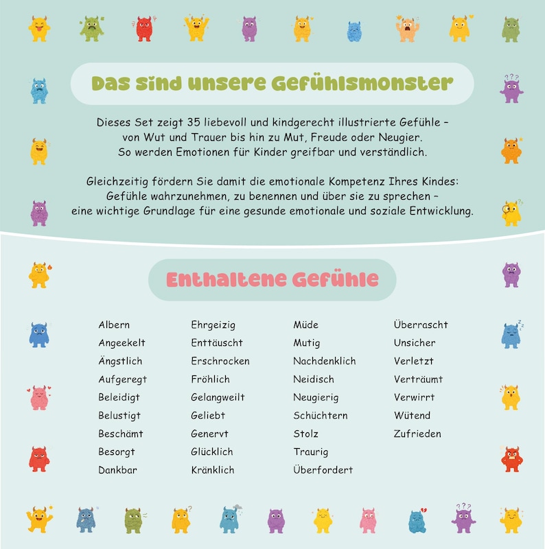 May include: A colorful educational poster with the text "Das sind unsere Gef&uuml;hlsmonster" and "Enthaltene Gef&uuml;hle". The poster features cartoon monster illustrations representing various emotions, such as happy, sad, and angry.