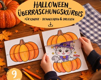 May include: A printable Halloween activity featuring a folded paper card that reveals a cartoon cat in a witch hat inside a pumpkin when opened. The text reads HALLOWEEN ÜBERRASCHUNGSKÜRBIS FÜR KINDER - DOWNLOADEN & DRUCKEN.