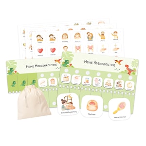 Könnte beinhalten: Ein Set mit Kinder-Routinekarten mit Illustrationen und dem deutschen Text "Meine Morgenroutine" und "Meine Abendroutine". Das Set enthält Karten mit Bildern von täglichen Aktivitäten, einen Beutel und zusätzliche Karten mit Symbolen.