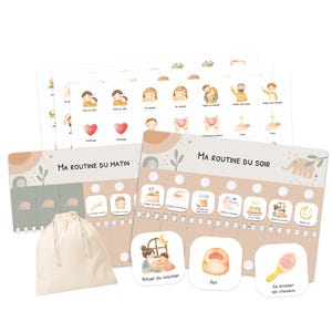 May include: A set of illustrated cards and boards for a morning and evening routine. The boards read "Ma Routine Du Matin" and "Ma Routine Du Soir". Includes a beige drawstring bag and several illustrated cards with icons.