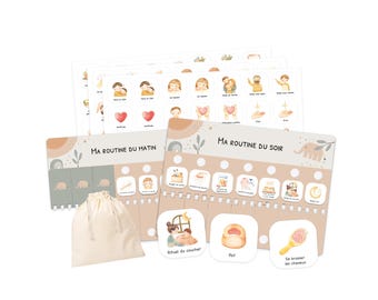 May include: A set of illustrated cards and boards for a morning and evening routine. The boards read "Ma Routine Du Matin" and "Ma Routine Du Soir". Includes a beige drawstring bag and several illustrated cards with icons.
