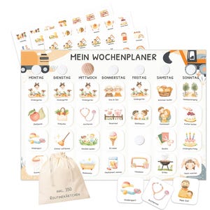 Könnte beinhalten: Ein Wochenplaner für Kinder mit illustrierten Aktivitätskarten. Der Planer zeigt die Wochentage auf Deutsch mit Feldern für tägliche Routinen. Enthält einen Stoffbeutel mit zusätzlichen Routinenkarten. Das Design ist farbenfroh und kindgerecht.