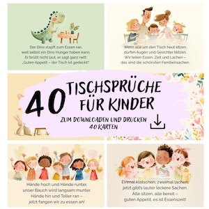 Könnte beinhalten: Eine Sammlung von 40 illustrierten Karten mit Tischsprüchen für Kinder, betitelt 40 TISCHSPRÜCHE FÜR KINDER. Die Karten zeigen farbenfrohe Aquarellzeichnungen eines Dinosauriers, einer Familie und Kindergruppen mit deutschem Text.