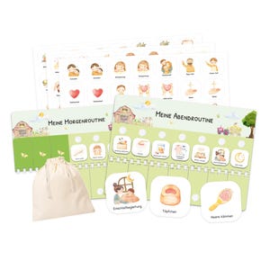 Könnte beinhalten: Ein Set mit Kinder-Routinekarten mit Illustrationen und dem Text "Meine Morgenroutine" und "Meine Abendroutine". Das Set enthält Karten mit Bildern von täglichen Aktivitäten, einen Kordelzugbeutel und zusätzliche Karten mit Symbolen.