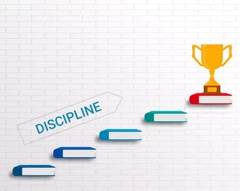 May include: An illustration shows a staircase formed from books, leading to a gold trophy. The word "DISCIPLINE" is on an arrow pointing towards the books. The books are blue, green, and red, with white pages, against a white brick wall.