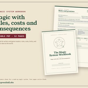 May include: A 12-page fillable PDF workbook titled The Magic System Workbook, featuring dark green text on a cream background. The pages include sections for rules, promises, and costs, with a star icon on the cover page and blank fields.