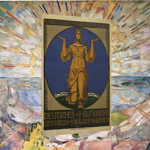 May include: Vintage poster with a woman in a gold dress inside a blue circle, arms outstretched. The poster has German text at the top and bottom, with a background of abstract art in various colors.