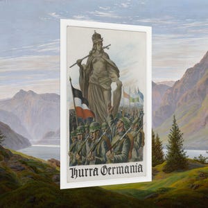 May include: A framed vintage print featuring a classical female figure holding a spear and shield, with soldiers and flags in the background. The text "Hurra Germania" is at the bottom. The artwork is set against a landscape.