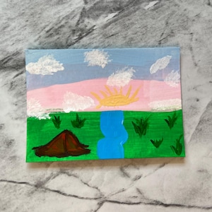 Camping At Dawn- Original ACEO Mini Painting- 2.5x3.5 Acrylic Artwork- Collectible Artist Trading Card