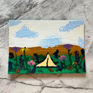 Camping in Wildflowers- Original ACEO Mini Painting- 2.5x3.5 Acrylic Artwork- Collectible Artist Trading Card