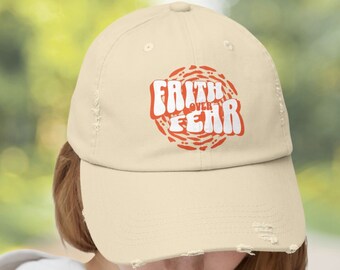 Retro vibe Faith over fear distressed hat, walk by faith hat for friend, encouraging and positive had for gift