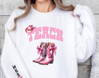 Personalized Teacher Cowboy Coquette Sweatshirt, Teacher first day of school, Coquette teacher appreciation gift, Cowgirl teacher shirt