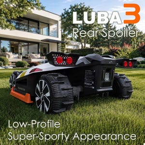 Op de afbeelding: Een zwart-witte Luba 3 achterspoiler voor een robotmaaier, met een laag profiel, rode ronde lichtaccenten en een sportieve uitstraling. De tekst LUBA 3 Rear Spoiler en Low-Profile Super-Sporty Appearance is duidelijk zichtbaar.