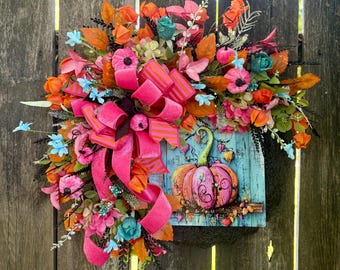 Falloween Pumpkin Wreath: Colorful Autumn Front Door Decor
