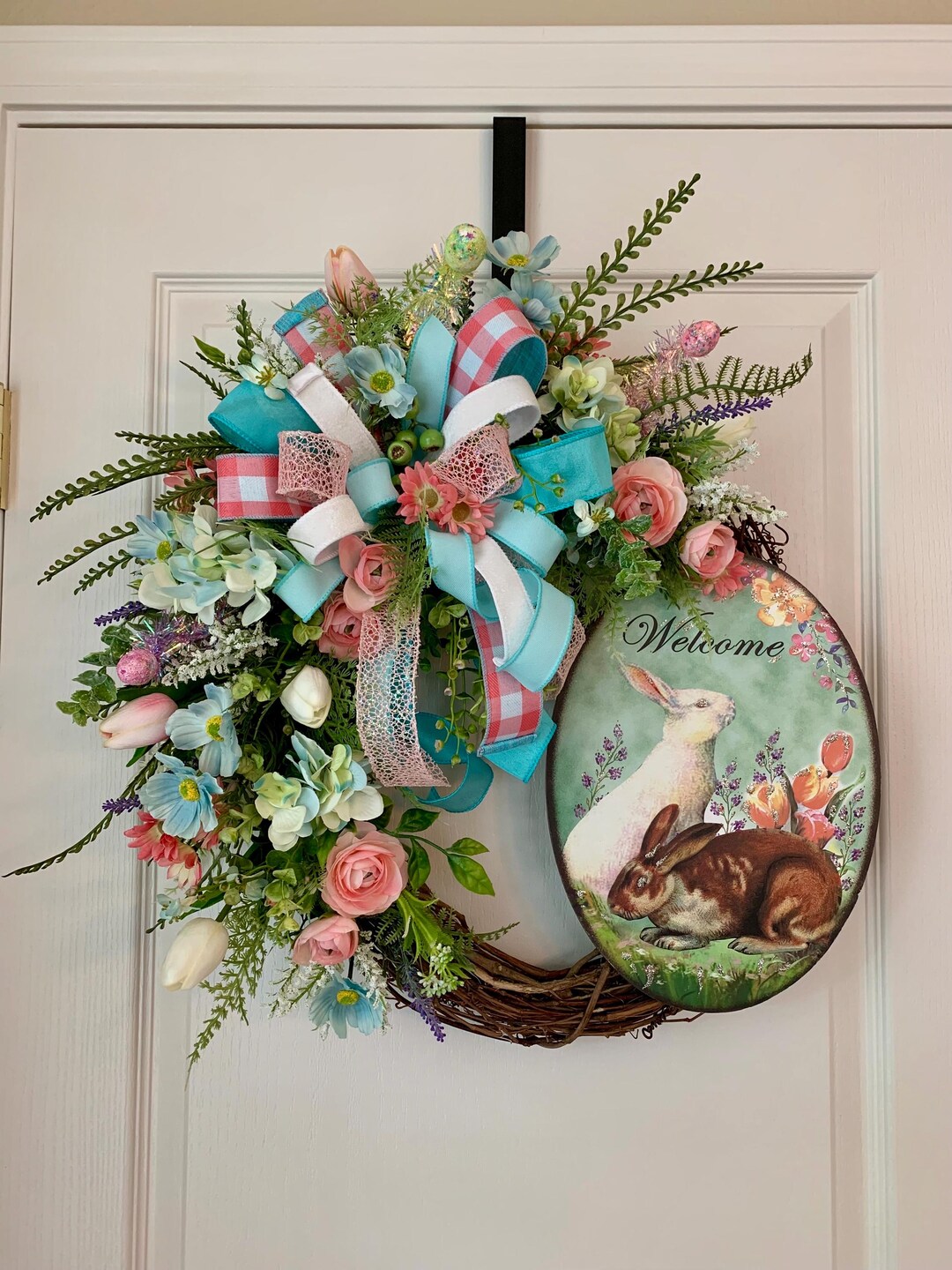 Vintage Bunny Sign Wreath: Spring Floral Grapevine Door Decor - Etsy