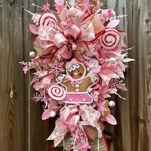 Pink Gingerbread Christmas Swag, Candy Holiday Door Decor