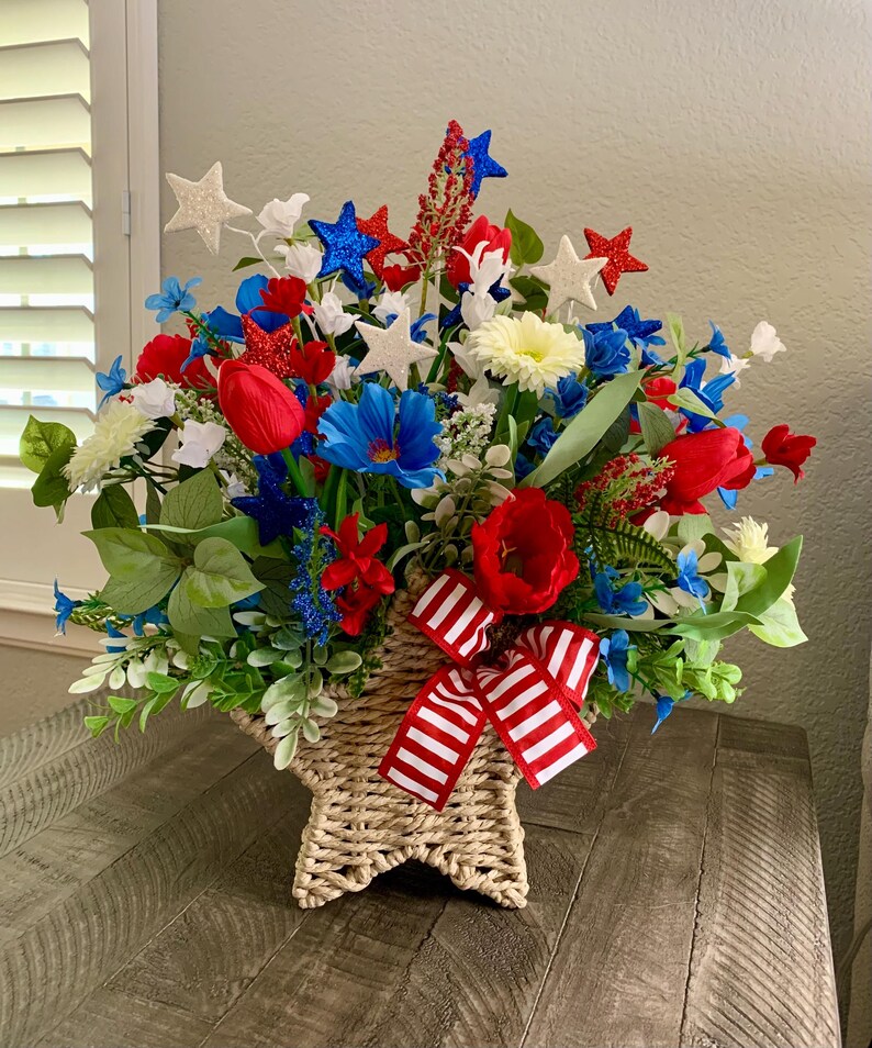 Patriotic Star Wicker Basket Floral Centerpiece, Red White and Blue ...